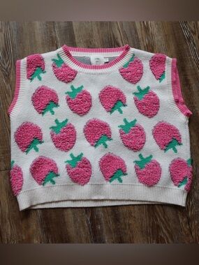 Luna Ivy Anthropologie Womens Strawberry Sweater Vest Textured Cottagecore Top M